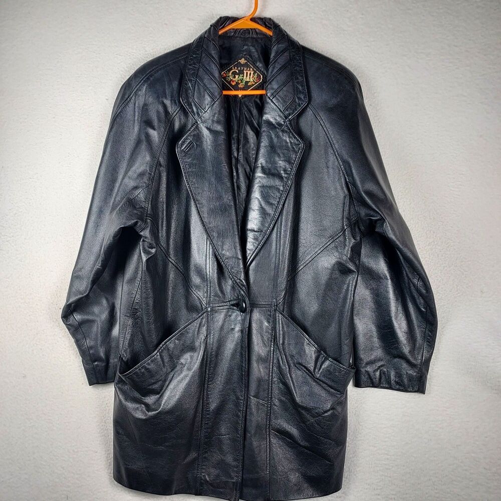 Vintage G-III Black Leather Coat Womens Medium Long Oversized Jacket
